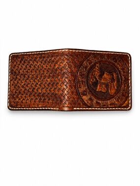Hand-Tooled Leather Bifold Wallet Basketweave Design Brown